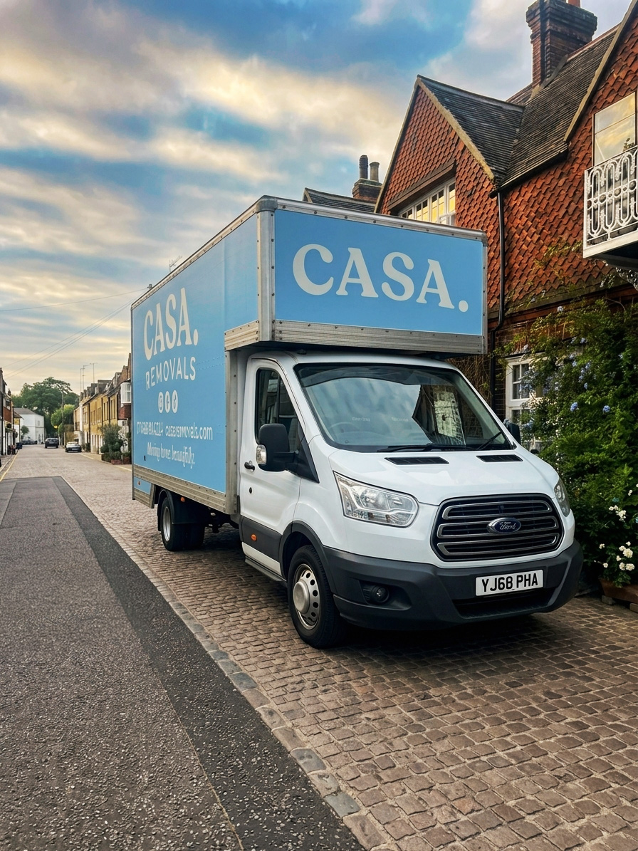 A CASA. Luton van parked on a cobbled London street