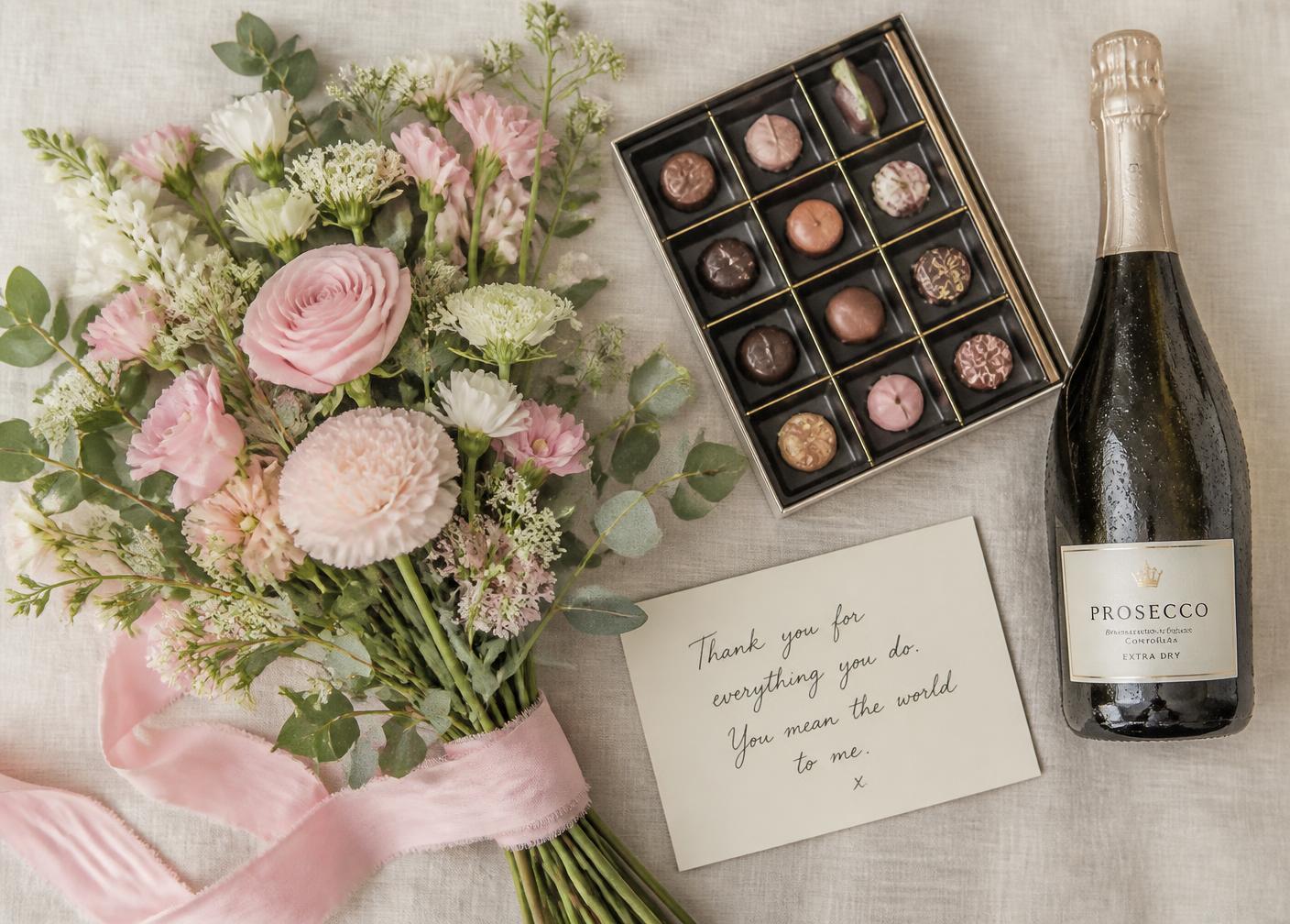 Flowers, Prosecco, a non-alcoholic alternative and a handwritten card laid out on cream linen